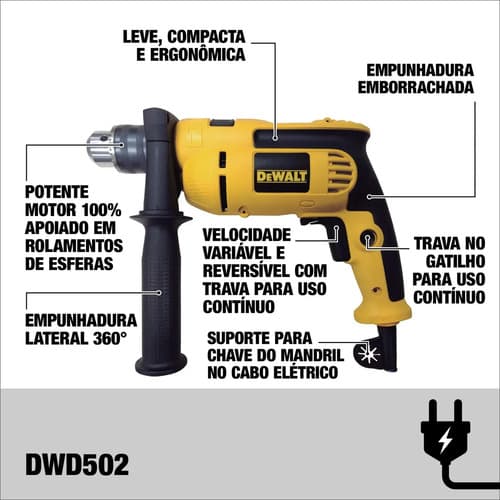 Furadeira De Impacto 13mm 750w Dewalt Dwd502 Com Velocidade Variável E Reversível Amarelo/preto 220v 50hz/60hz 11