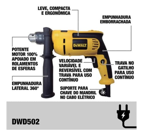 Furadeira De Impacto 13mm 750w Dewalt Dwd502 Com Velocidade Variável E Reversível Amarelo/preto 220v 50hz/60hz 4