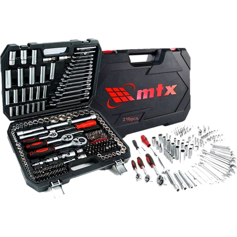 JOGO DE FERRAMENTAS, ENCAIXE 1/2, 3/8, 1/4, CROMO VANADIO, MALETA PLASTICA, 216PCS // MTX 1353055