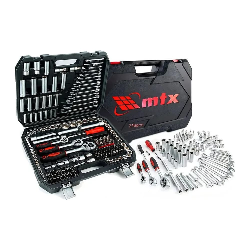 Kit Jogo de Soquete Chave Catraca 1/4 3/8 e 1/2 Pol. Mtx Combinada Allen Maleta 216 Peças Aço Cr-v 1353055 Preto/vermelho